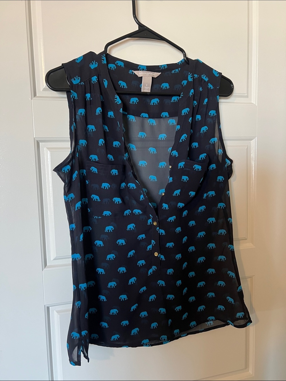 Banana Republic Black Sleeveless Blouse with Blue Elephant Print